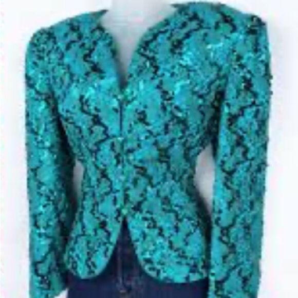 Vintage Nah Nah Collection Women’s Teal Sequin Emerald Turquíes Blazer Size 12 - Picture 1 of 12
